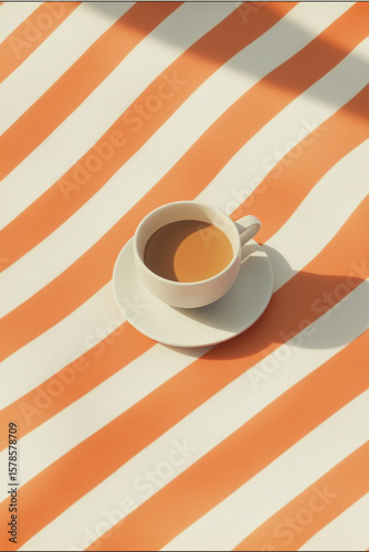Coffee cup on striped tablecloth with warm sunlight highlighting morning cafe ambiance