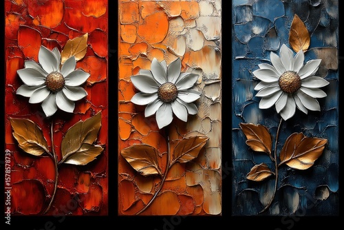 Triptych floral oil painting in red, orange, and blue hues with golden leaves. This image evokes elegance, perfect for background or luxurious themed projects.