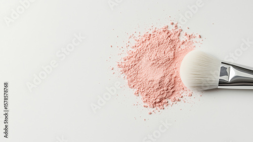 Makeup brush and pink powder arranged attractively on a clean surface in a beauty setting