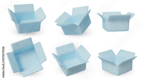 3D render of empty bright yellow open boxes in multiple perspectives. Perfect for UI UX design, product mockups, and digital marketing assets.