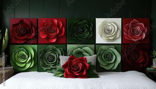 Ten square rose canvases hang above a white bedspread with a large red rose pillow. Use this for bedroom design inspiration or floral related backgrounds.