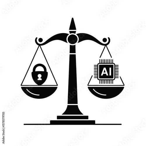 Data privacy scale balancing AI chip on one side in black and white vector technology and security illustration