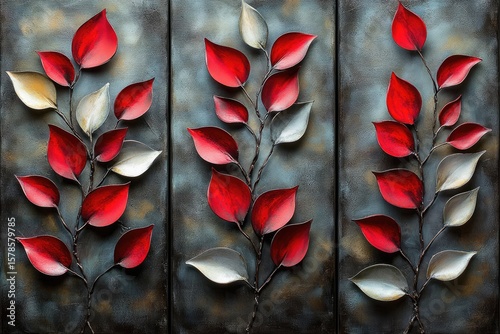 Artwork showing red, gray, and white leaves, and the three-part frame. It's perfect for adding natural elegance to art, designs, or backgrounds.