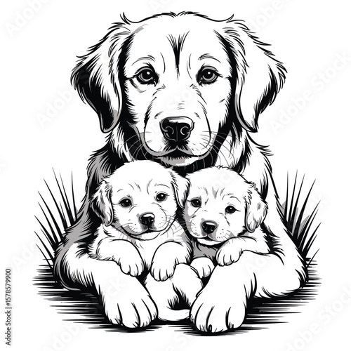 Dog mother cradling two puppies in black and white vector illustration showing tender family bond and warmth in minimalist style
