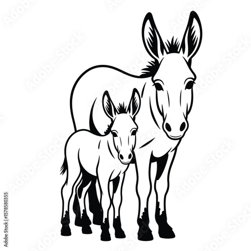 Donkey mother and foal standing together in black and white vector illustration showing bond and calm rural scene