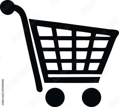 A simple black and white icon of a shopping cart with a handle and two wheels representing commerce and retail