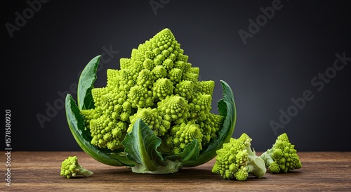 Close up of a romanesco broccoli on a wooden surface against a dark gray background in studio shot