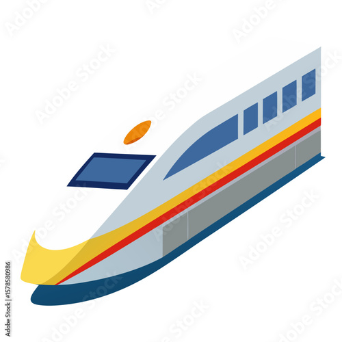 a modern high-speed train or bullet train with a sleek white body, blue windows, and colorful orange and red stripes along the side.
