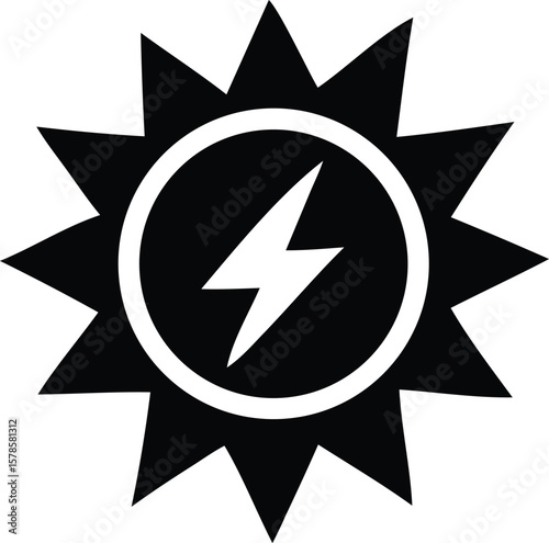 Stylized sun icon with a lightning bolt symbol inside representing solar energy and power generation in a clean design