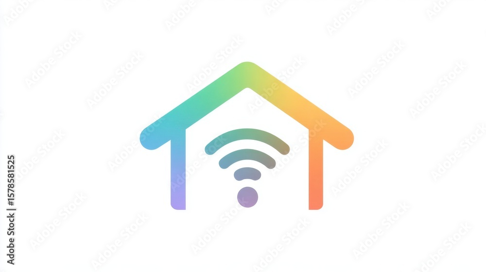 Smart Home Icon: A vibrant, rainbow-hued house icon symbolizes a smart home, featuring a central Wi-Fi symbol representing connectivity, technology, and modern living. Smart Home Icon: A vibrant, rainbow-hued house icon symbolizes a smart home, featuring a central Wi-Fi symbol representing connectivity, technology, and modern living.
