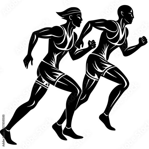 Two athletic figures running in a stylized black and white illustration art transparent background , no background
