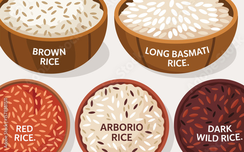 Different Types of Rice Varieties Shown in Bowls
