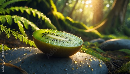 Kiwi Slice with Water Droplets in Natural Forest Setting Sunlight