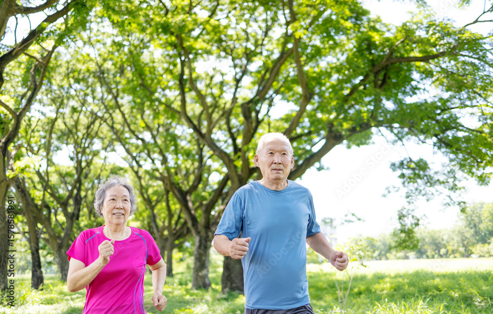 Fototapeta premium Happy Asian Senior couple running outdoor