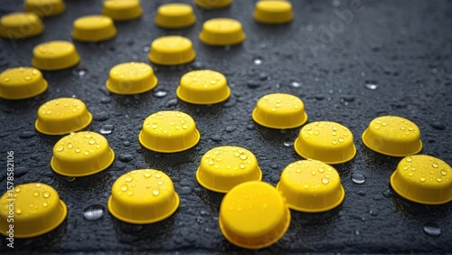 Flat lay of dozens of identical vibrant yellow plastic juice bottle caps mockup scattered on a rain-soaked dark asphalt surface. Water droplets resting on each cap reflecting cloudy sky. Beverage pack