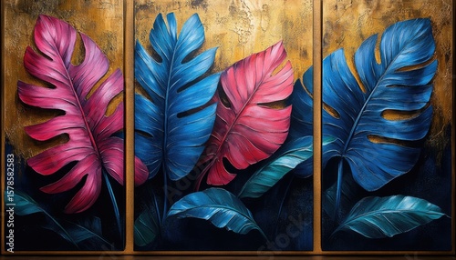 Three framed oil paintings feature pink and blue monstera leaves. Use this tropical artwork for backgrounds or a variety of creative projects.