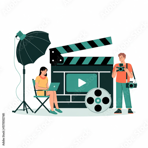 Teamwork in film production illustrated with a clapperboard, light umbrella, and a film reel creating a collaborative creative process.