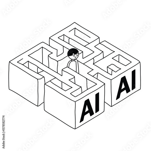 Person trapped inside AI maze with rectangular walls black and white vector illustration