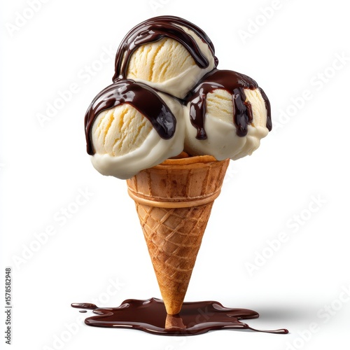 Three scoops of vanilla ice cream in a waffle cone drizzled with chocolate sauce isolated on white background