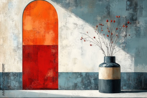 A vibrant still life art piece shows vase, branches, and archway elements. It is perfect for showcasing design, decor, and creative abstract concepts.