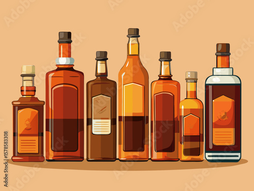 vector of Several different models of brown whiskey bottles without labels...light background