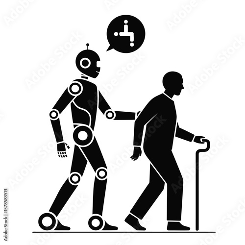 Robot helping elderly person walk symbolizing assistance and care in black and white vector illustration