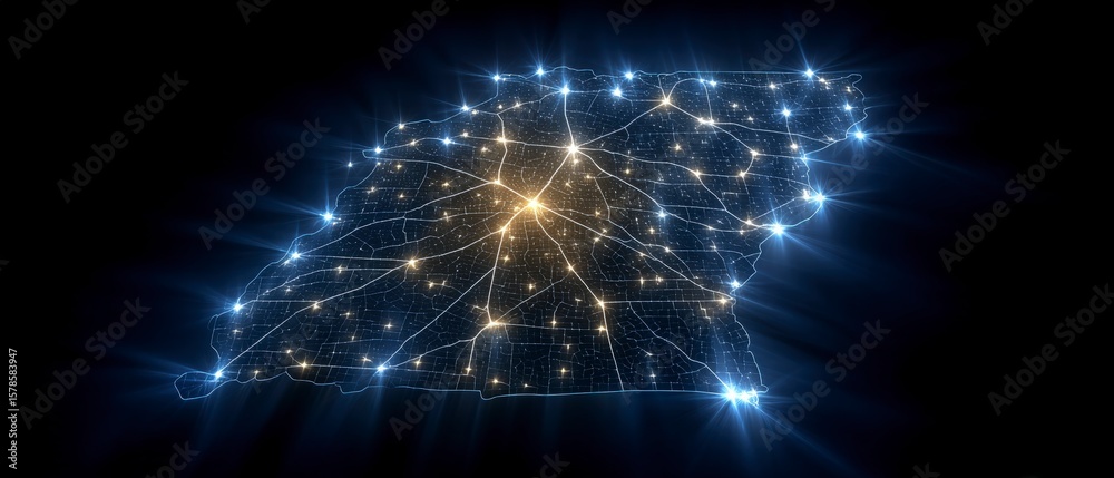 Obraz premium Illuminated city map with glowing interconnected streets and lights against a dark background
