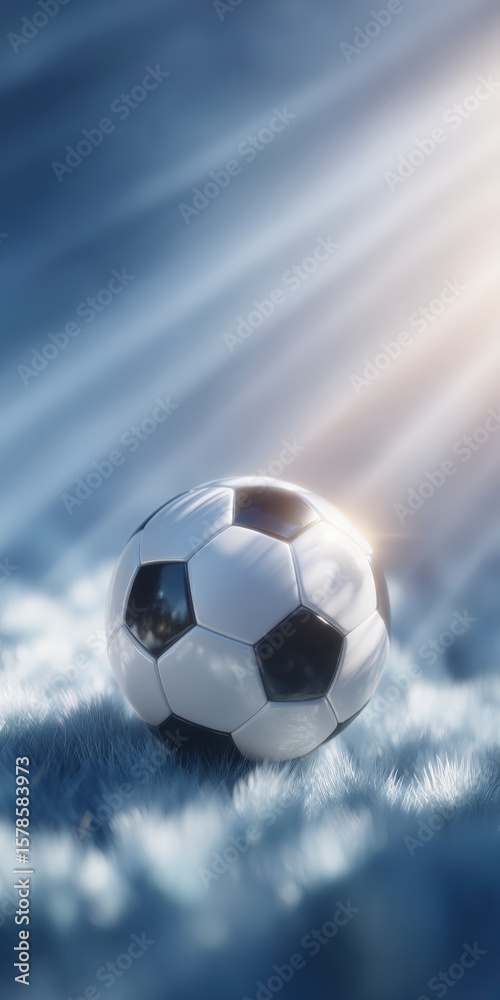 Fototapeta premium A classic soccer ball rests on a snowy field with dramatic sunlight streaming through the sky