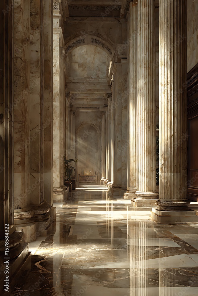 Obraz premium Sunlit colonnaded hall with polished marble floor.