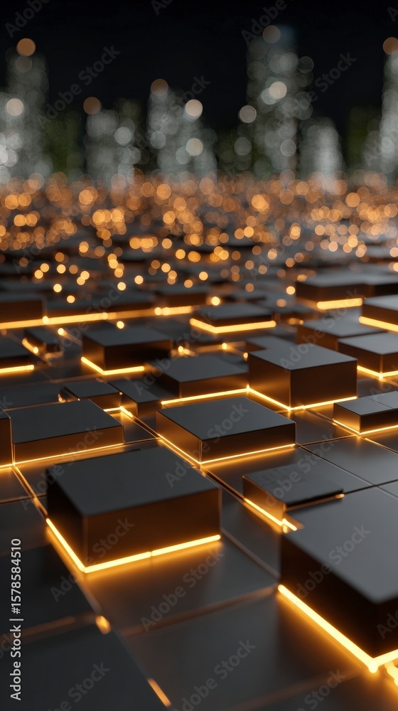 Obraz premium Abstract geometric pattern of dark cubes with illuminated orange edges blurred cityscape bokeh background