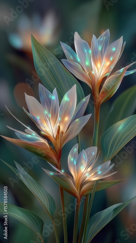 Delicate translucent white flowers with shimmering light specks amidst lush green leaves