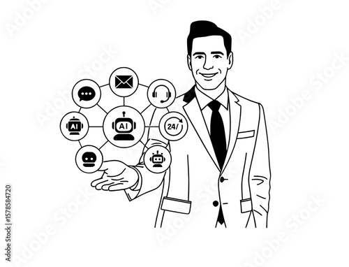 Black and White Illustration of Businessman Presenting AI-Powered Customer Service Icons Including Chatbot, Email, Headset, and 24/7 Technical Support