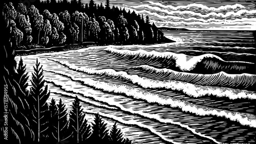 Lake Superior, the largest Great Lake of North America, featuring vast waves and forested shores in a dramatic black and white line art illustration great for regional travel themes and posters
