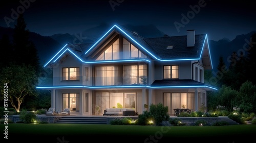 Modern luxury house with blue neon lights along roofline at night home