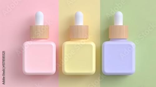 Three pastel colored dropper bottles with wooden caps displayed on pastel color blocks
