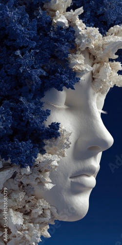 White sculpture face detail with blue and white organic textures integrated