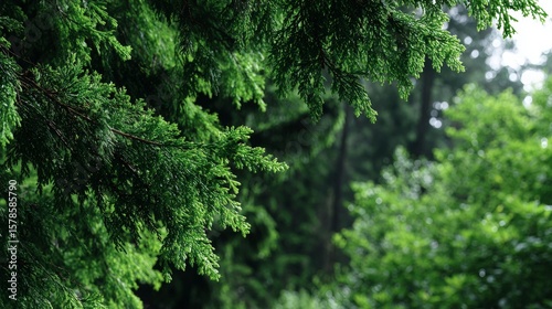 Close up of dense green evergreen tree branches with soft focus background of more foliage