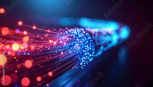 Abstract image of glowing fiber optic cables, vibrant colors.