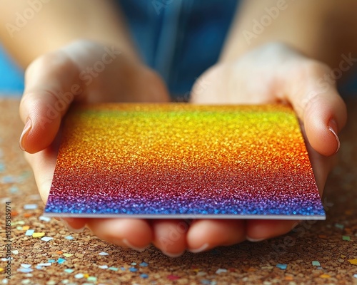 Close-up of two hands holding a rainbow glitter card on a cork surface. It is used for pride month themes or vibrant, colorful design concepts.