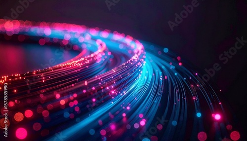 Abstract swirling strands of light, glowing pink and blue, creating a dynamic, technological visual.