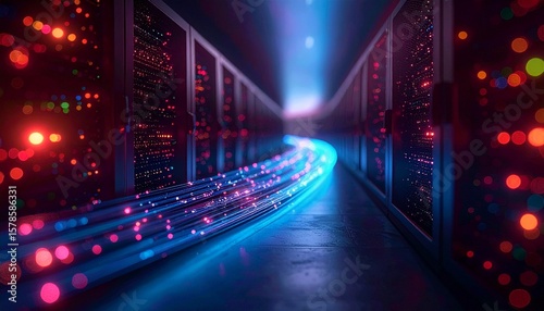 A server room corridor with glowing fiber optic cables transmitting data, illuminated by red, blue, and green lights.