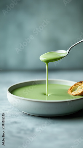 Delicious green soup served in a bowl with a spoon and crispy garnish on the side