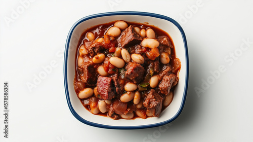 Hearty beef and bean stew served in a rustic bowl, capturing a warm meal perfect for cold weather gatherings