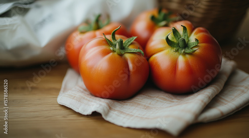Fresh heirloom tomatoes arranged on a cloth with a rustic basket in a natural light setting