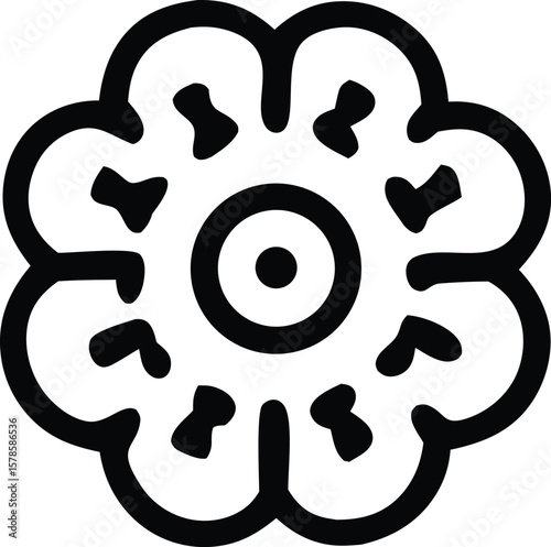 Abstract black and white floral or mandala like geometric design with a central circular motif and radiating petal shapes