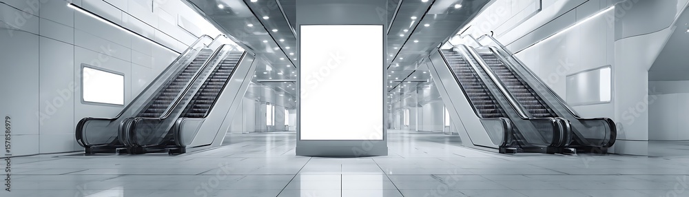 Empty advertisement billboard in a modern hallway with escalators. Empty advertisement billboard in a modern hallway with escalators.