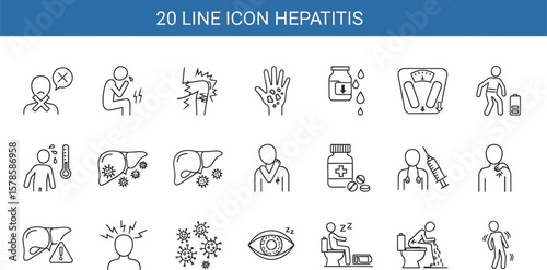 Hepatitis symptoms and treatment line icons vector illustration set for medical health care concept