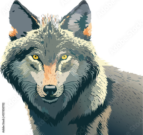 Wildlife illustration of Canis lupus with textured fur and a calm yet alert expression
