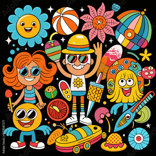 Cartoon groovy summer stickers 70s. Retro doodle character set graphic, beach toys, and vacation vibes. Isolated on black background.