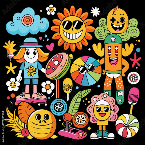 Cartoon groovy summer stickers 70s. Retro doodle character set graphic, beach toys, and vacation vibes. Isolated on black background.